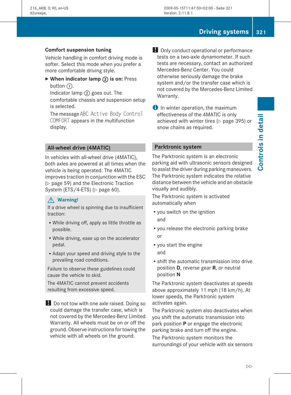 All-wheel drive (4matic), Parktronic system, Controls in detail | Driving systems | Mercedes-Benz 2010 CL Class User Manual | Page 323 / 500