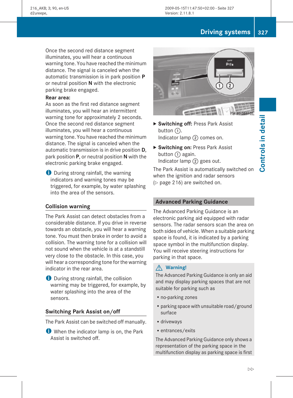 Advanced parking guidance, Controls in detail, Driving systems | Mercedes-Benz 2010 CL Class User Manual | Page 329 / 500