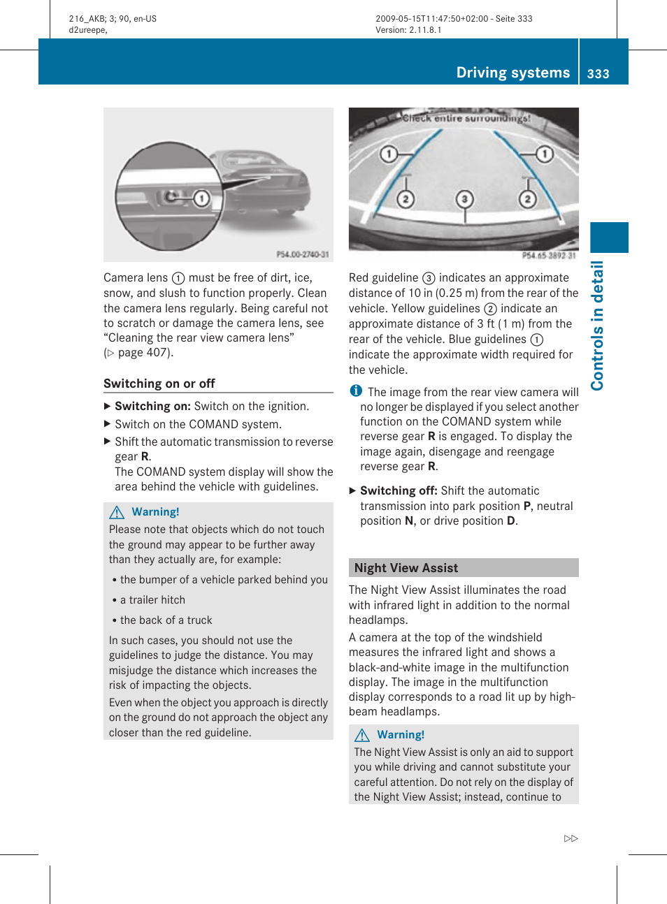 Night view assist, Controls in detail, Driving systems | Mercedes-Benz 2010 CL Class User Manual | Page 335 / 500