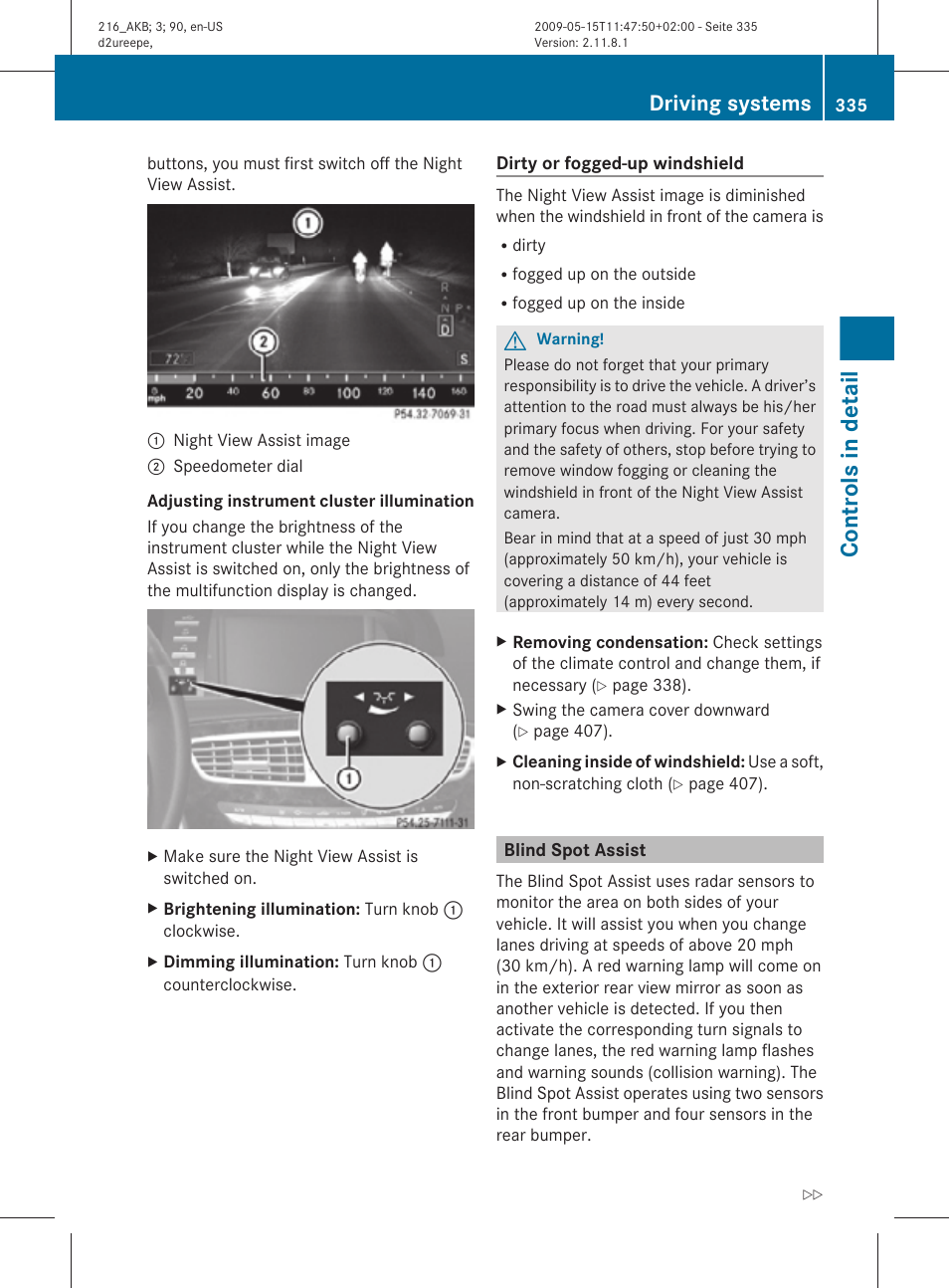 Blind spot assist, Controls in detail, Driving systems | Mercedes-Benz 2010 CL Class User Manual | Page 337 / 500