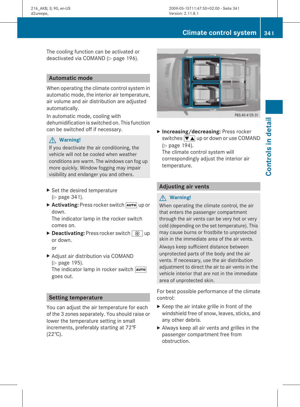 Automatic mode, Setting temperature, Adjusting air vents | Temperature: 72‡ (22†), Controls in detail, Climate control system | Mercedes-Benz 2010 CL Class User Manual | Page 343 / 500