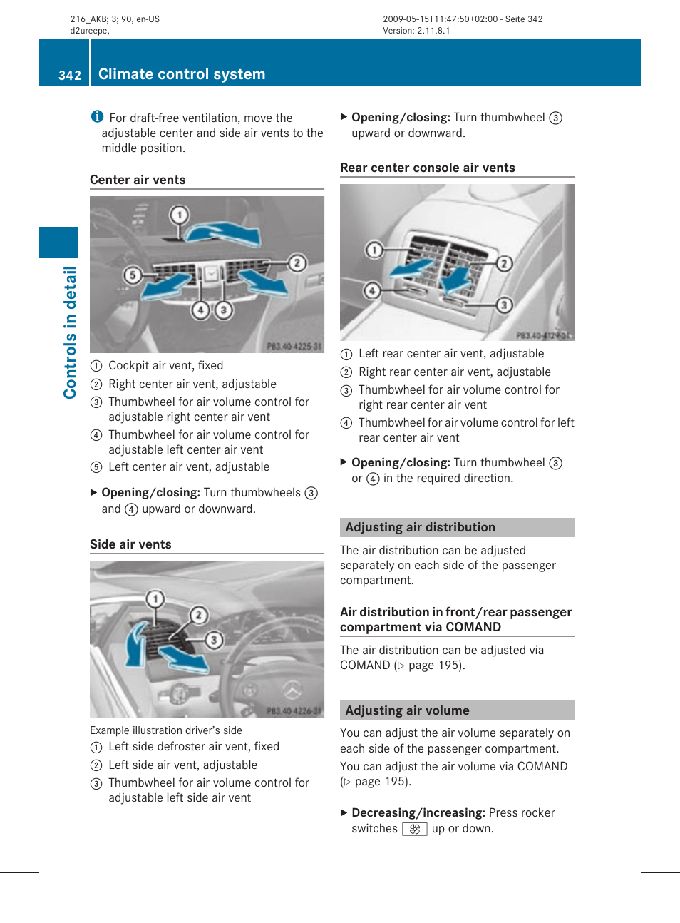 Adjusting air distribution, Adjusting air volume, Controls in detail | Climate control system | Mercedes-Benz 2010 CL Class User Manual | Page 344 / 500