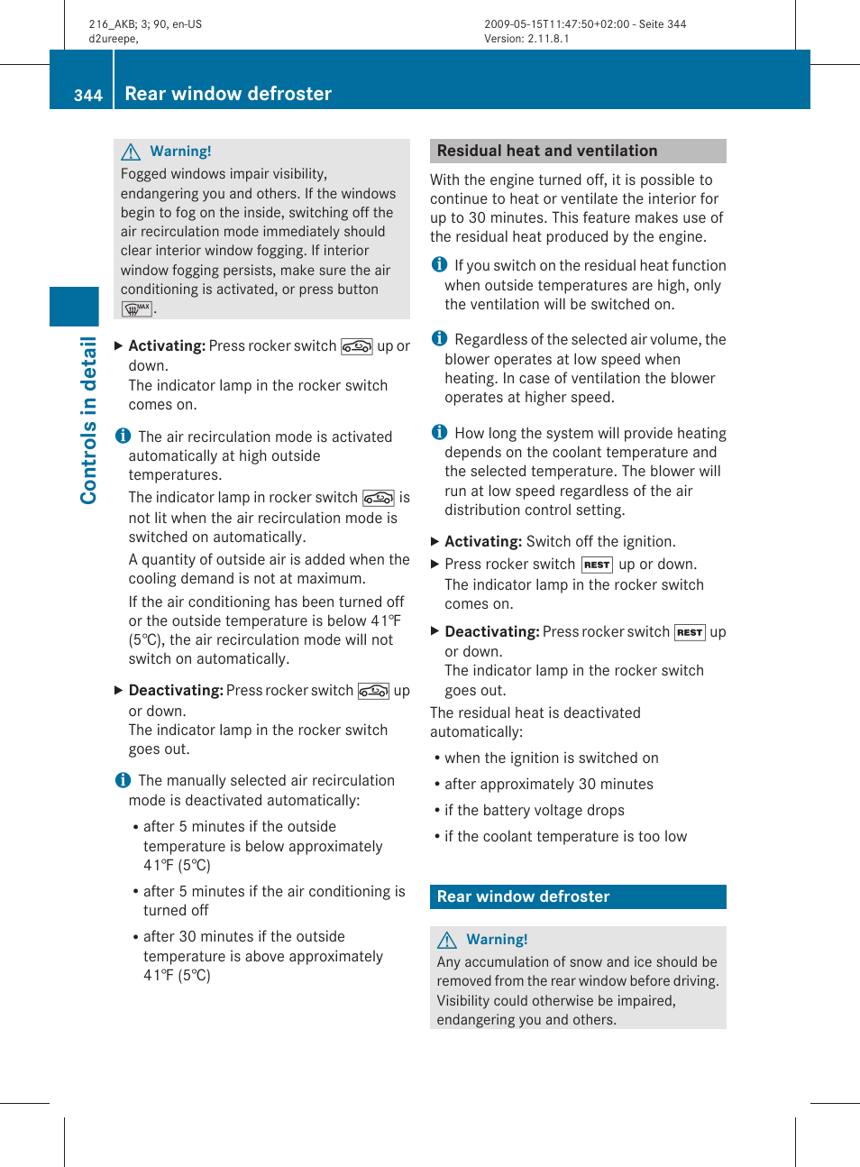 Residual heat and ventilation, Rear window defroster, Controls in detail | Mercedes-Benz 2010 CL Class User Manual | Page 346 / 500