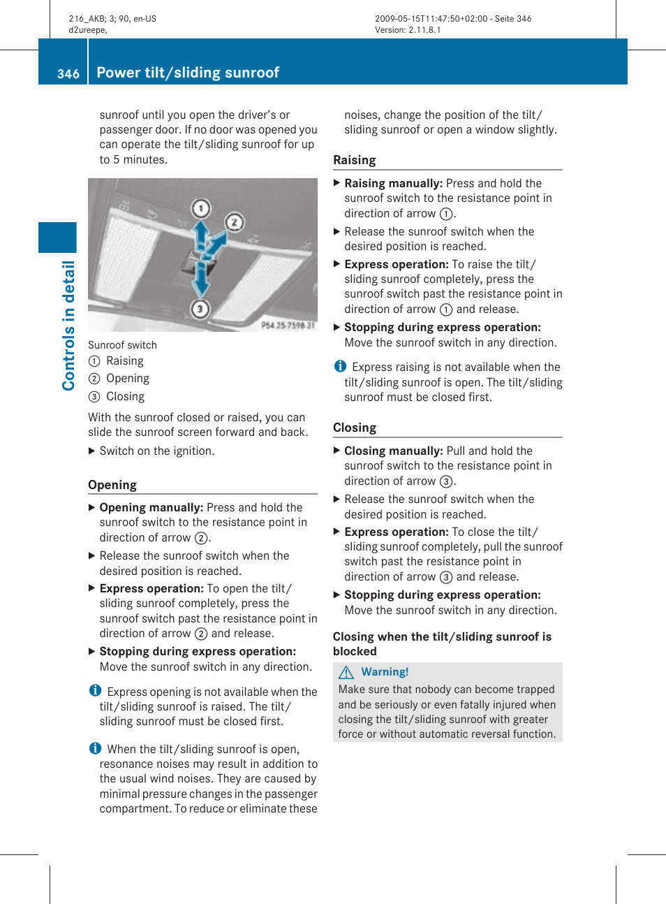 Controls in detail, Power tilt/sliding sunroof | Mercedes-Benz 2010 CL Class User Manual | Page 348 / 500