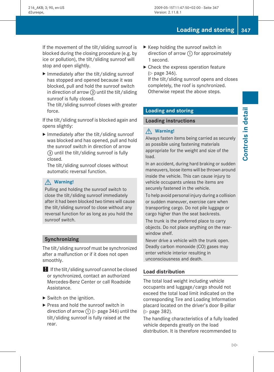 Synchronizing, Loading and storing, Loading instructions | Controls in detail | Mercedes-Benz 2010 CL Class User Manual | Page 349 / 500