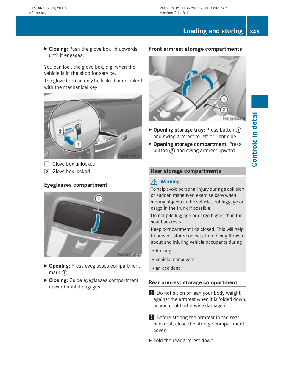 Rear storage compartments, Controls in detail, Loading and storing | Mercedes-Benz 2010 CL Class User Manual | Page 351 / 500