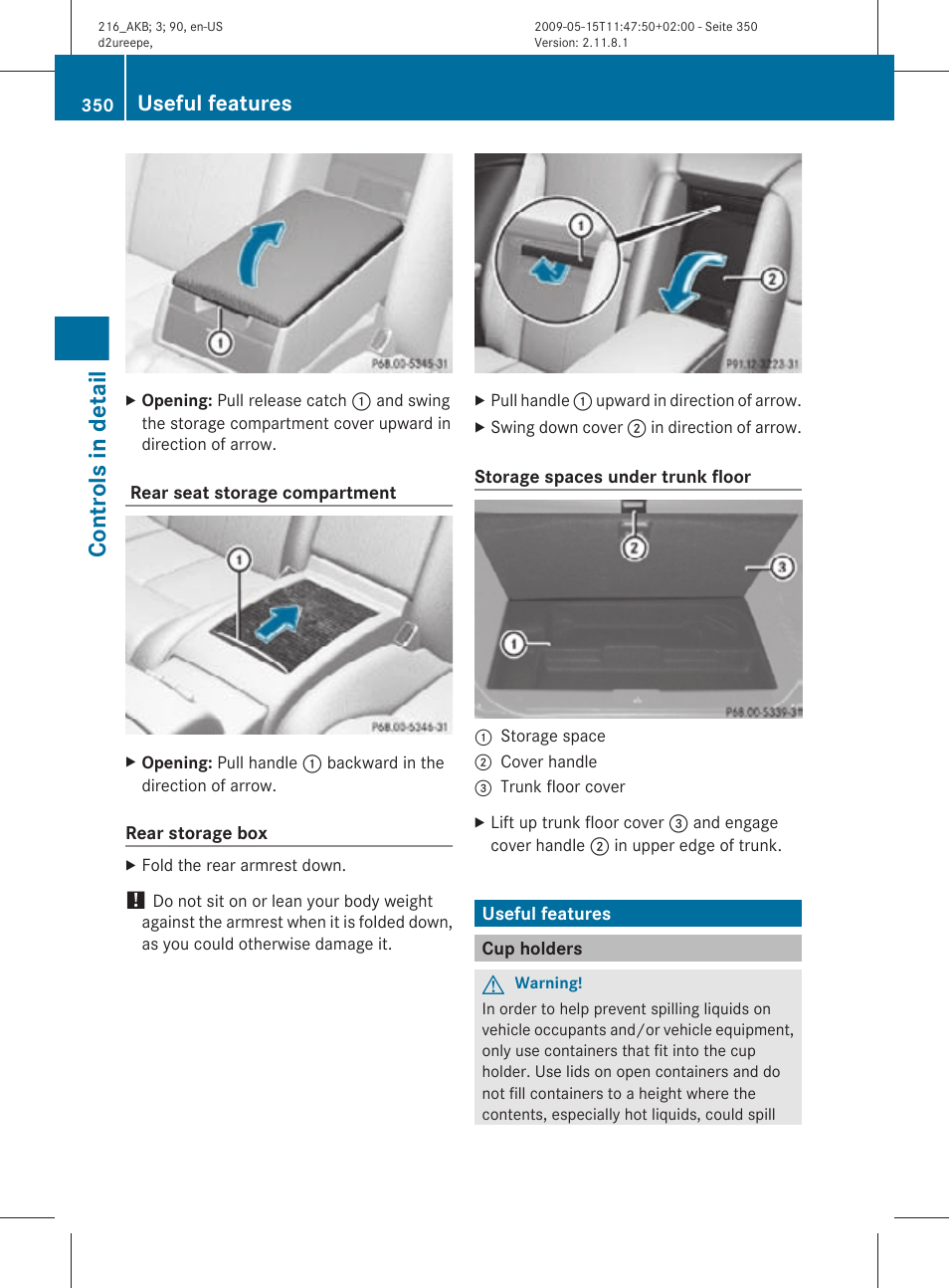 Useful features, Cup holders, Controls in detail | Mercedes-Benz 2010 CL Class User Manual | Page 352 / 500