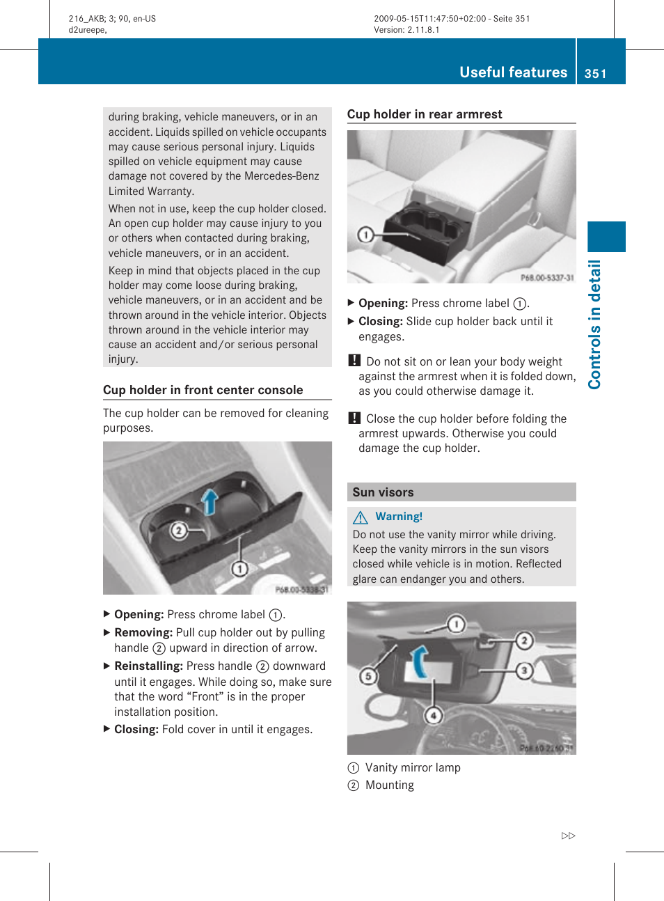 Sun visors, Controls in detail, Useful features | Mercedes-Benz 2010 CL Class User Manual | Page 353 / 500