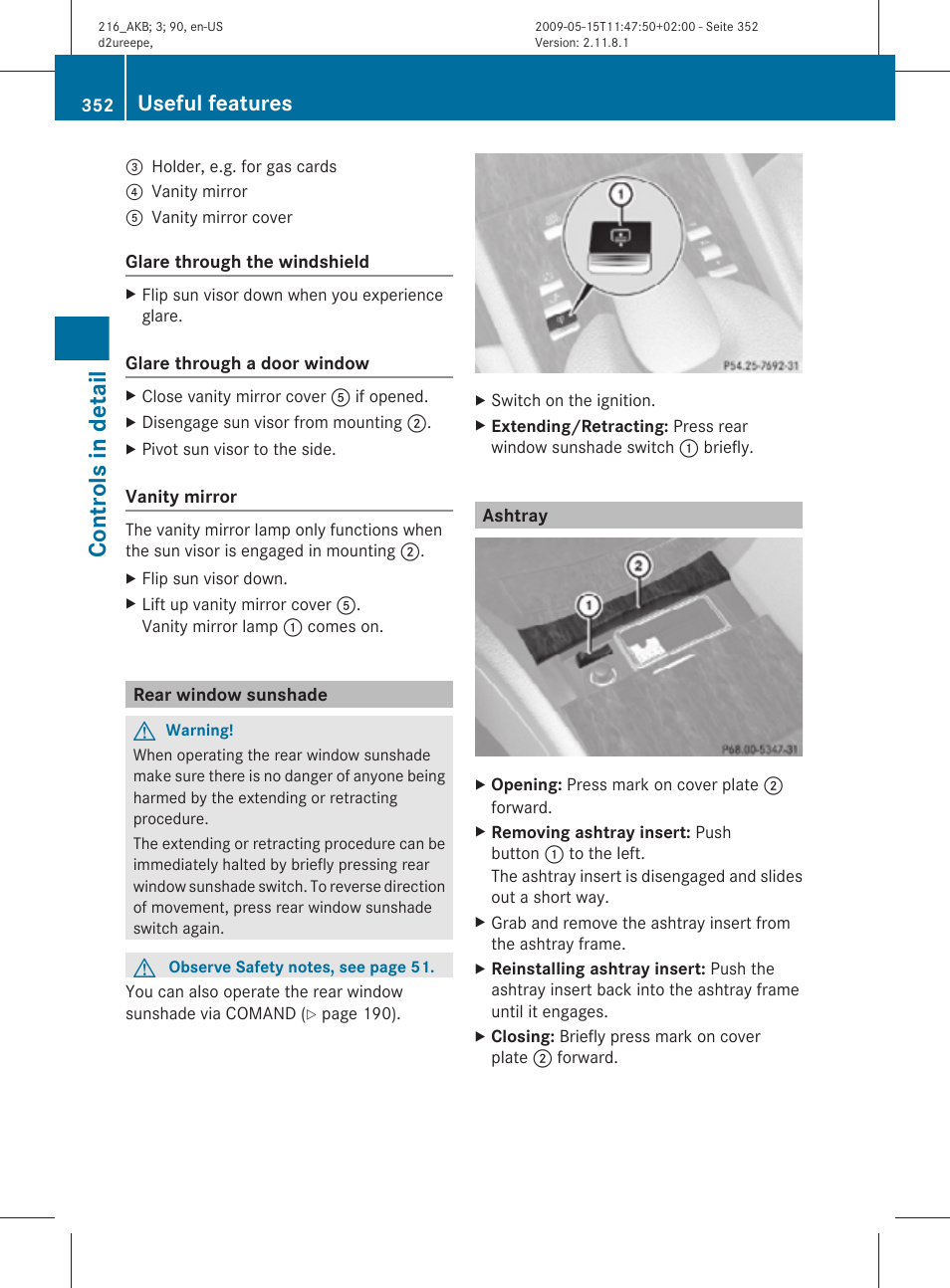 Rear window sunshade, Ashtray, Sunshade | Controls in detail, Useful features | Mercedes-Benz 2010 CL Class User Manual | Page 354 / 500