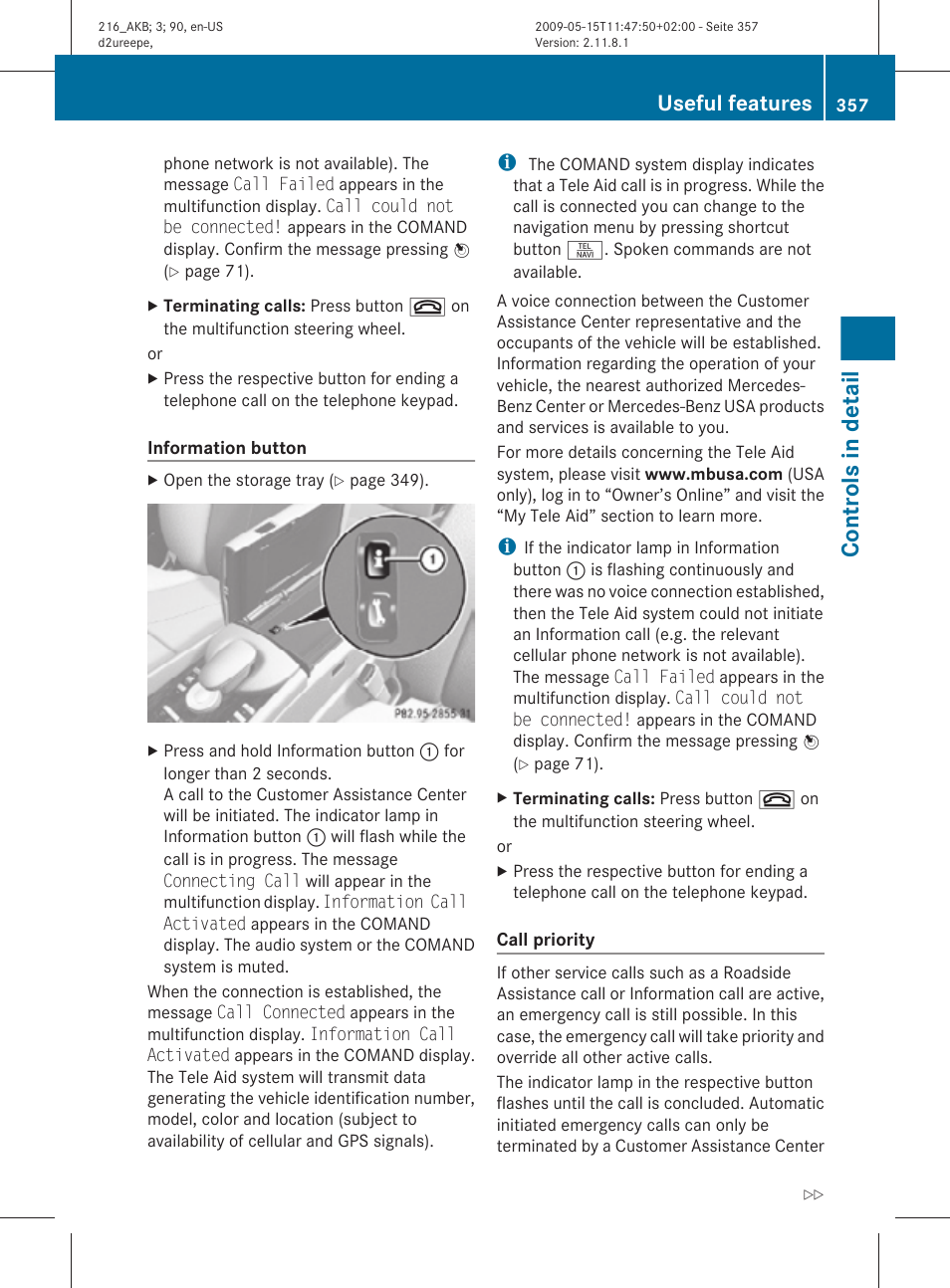 Controls in detail, Useful features | Mercedes-Benz 2010 CL Class User Manual | Page 359 / 500