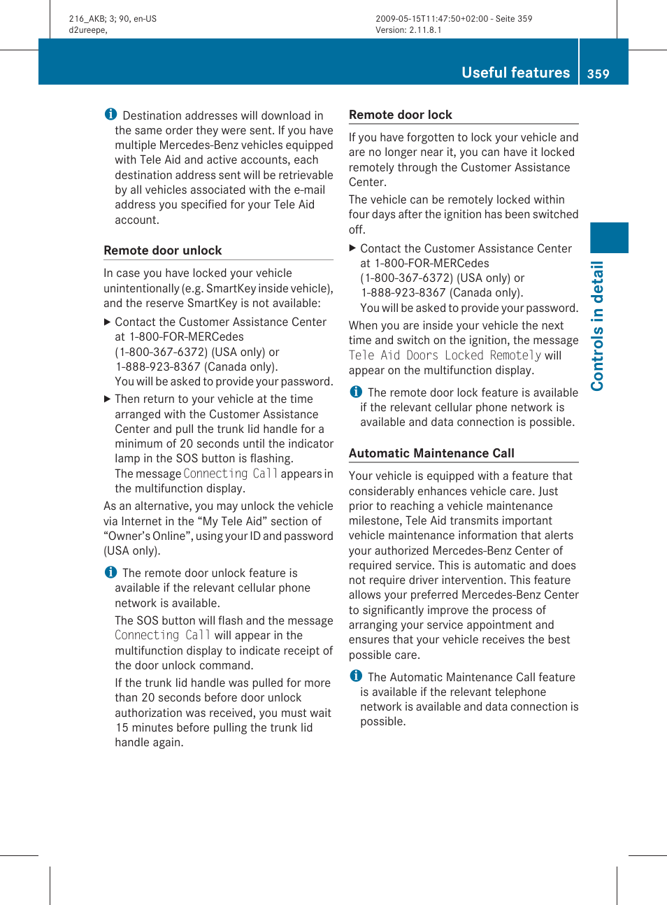 Controls in detail, Useful features | Mercedes-Benz 2010 CL Class User Manual | Page 361 / 500