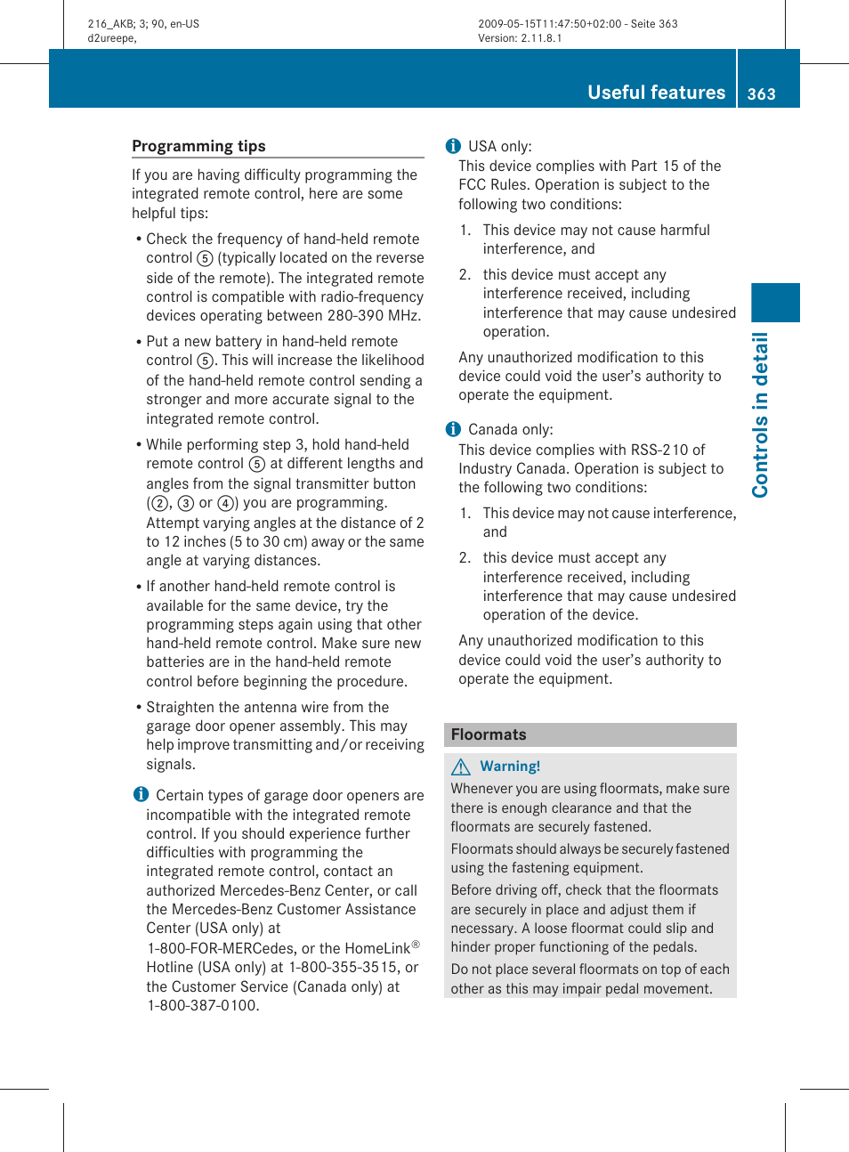 Floormats, Controls in detail, Useful features | Mercedes-Benz 2010 CL Class User Manual | Page 365 / 500