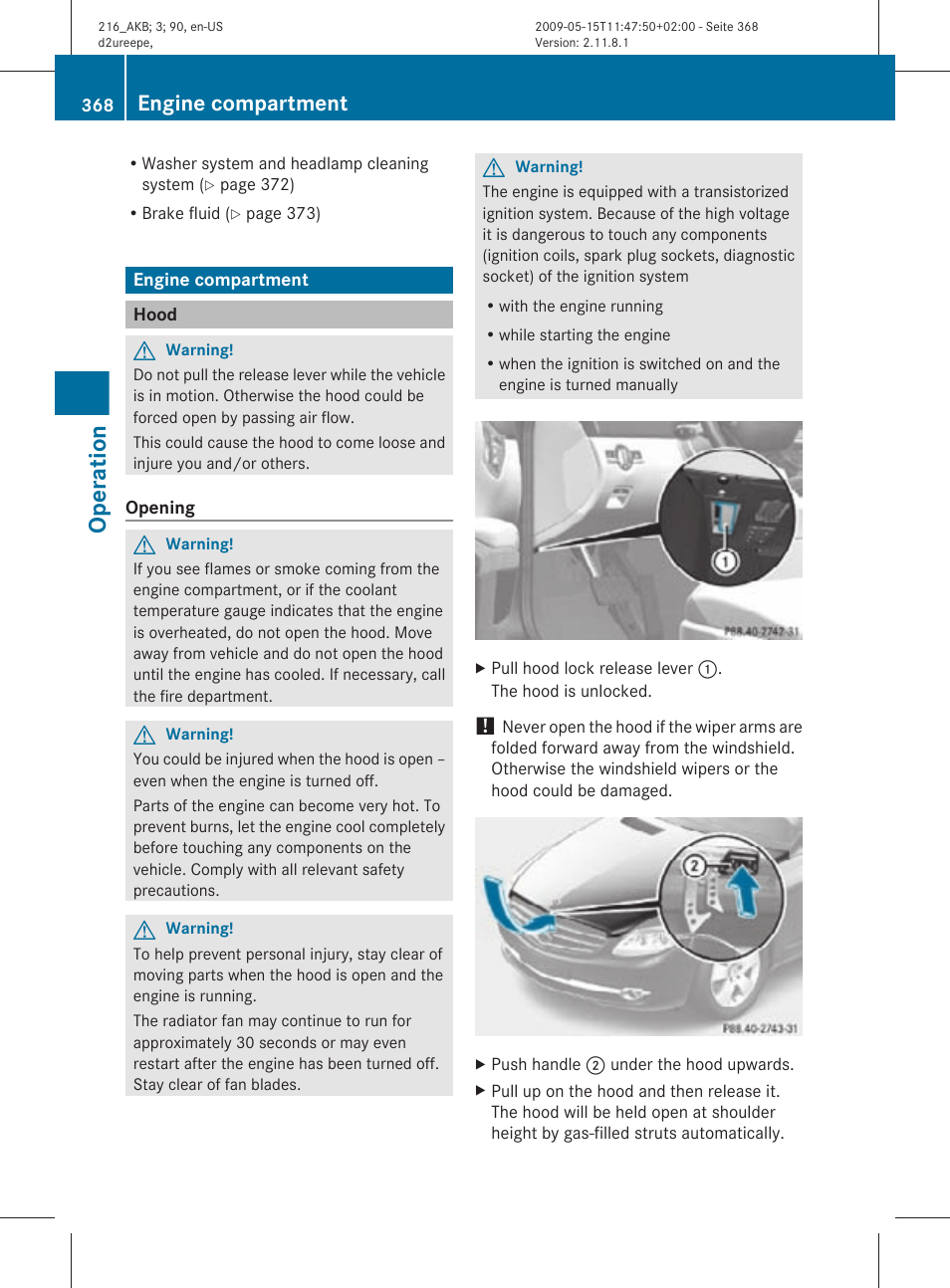 Engine compartment, Hood, Operation | Mercedes-Benz 2010 CL Class User Manual | Page 370 / 500