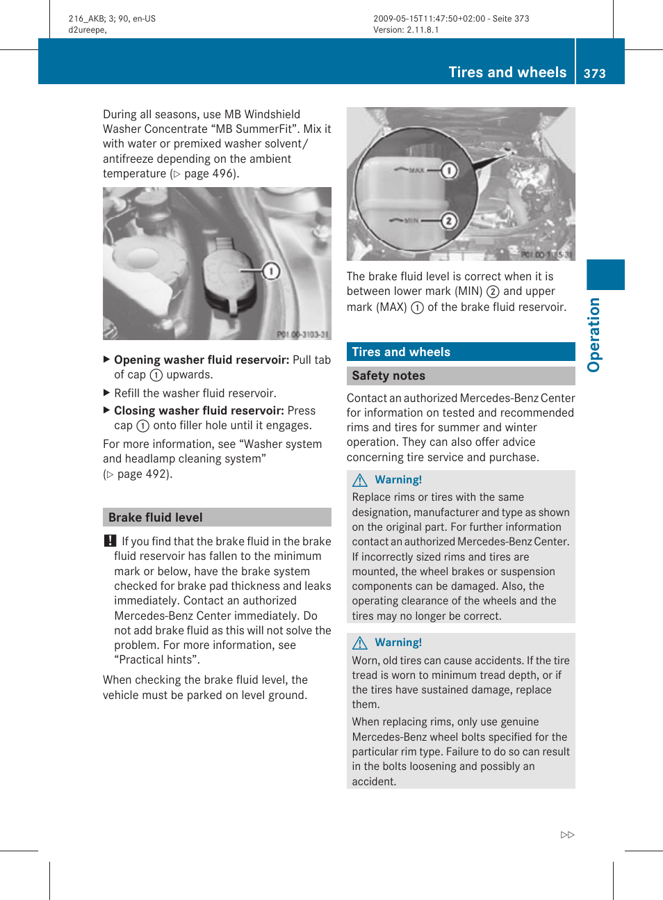 Brake fluid level, Tires and wheels, Safety notes | Brake fluid, Operation | Mercedes-Benz 2010 CL Class User Manual | Page 375 / 500