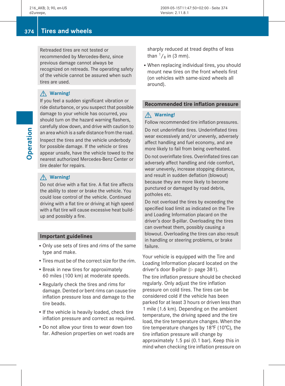 Important guidelines, Recommended tire inflation pressure, Operation | Tires and wheels | Mercedes-Benz 2010 CL Class User Manual | Page 376 / 500