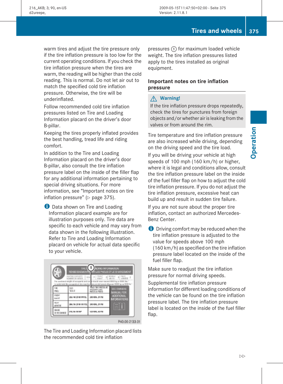 Operation, Tires and wheels | Mercedes-Benz 2010 CL Class User Manual | Page 377 / 500