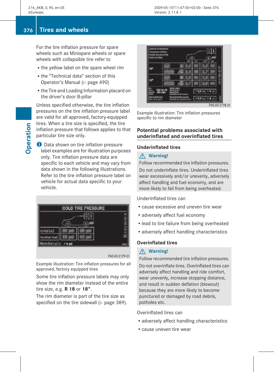 Operation, Tires and wheels | Mercedes-Benz 2010 CL Class User Manual | Page 378 / 500