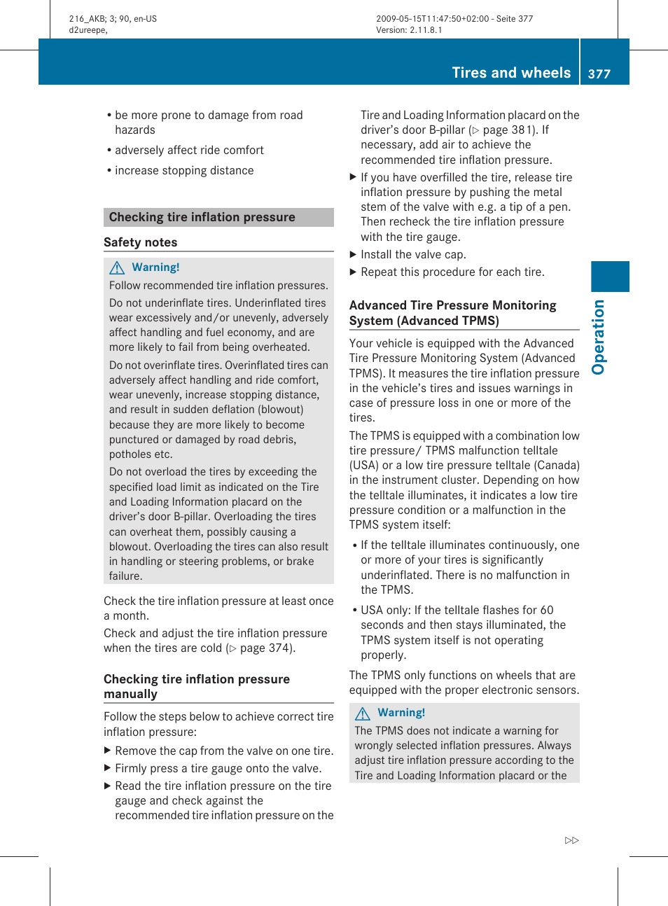 Checking tire inflation pressure, Tire inflation pressure, Operation | Tires and wheels | Mercedes-Benz 2010 CL Class User Manual | Page 379 / 500