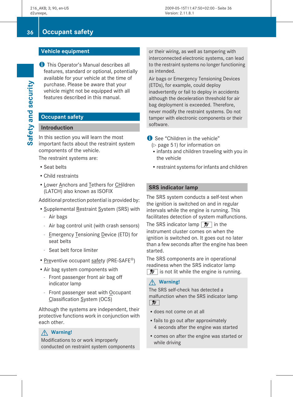 Safety and security, Vehicle equipment, Occupant safety | Introduction, Srs indicator lamp | Mercedes-Benz 2010 CL Class User Manual | Page 38 / 500