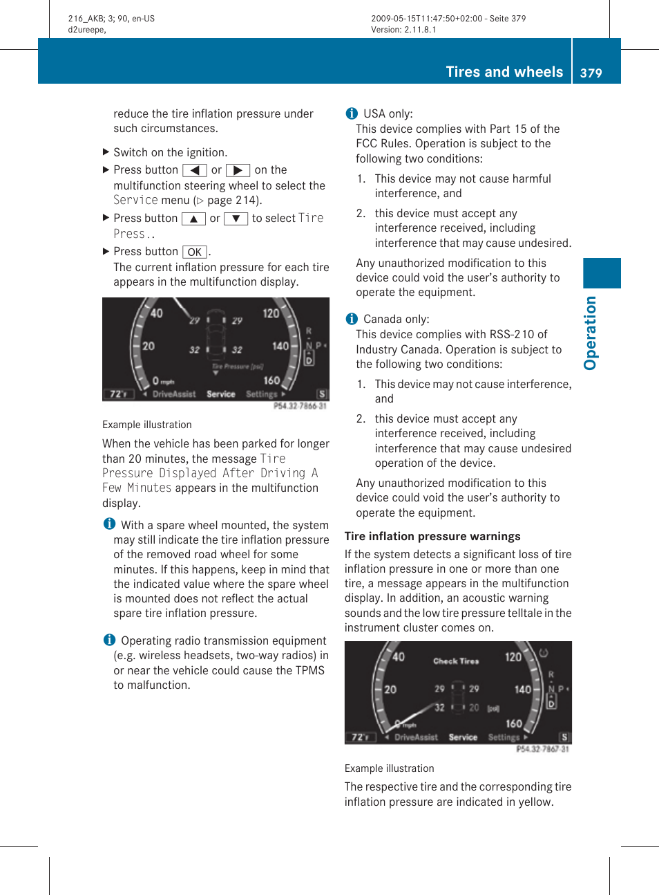 Operation, Tires and wheels | Mercedes-Benz 2010 CL Class User Manual | Page 381 / 500
