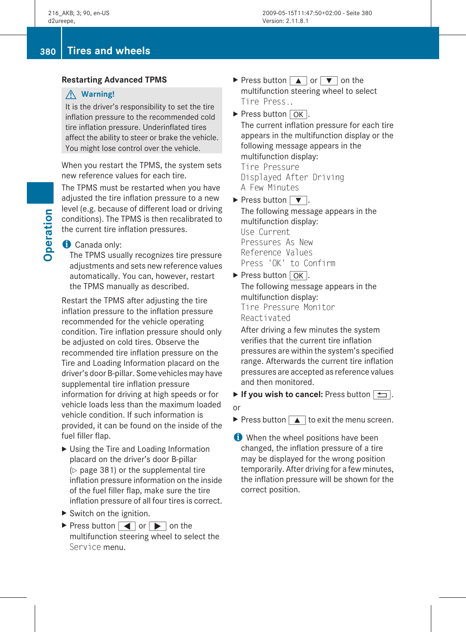 Operation, Tires and wheels | Mercedes-Benz 2010 CL Class User Manual | Page 382 / 500