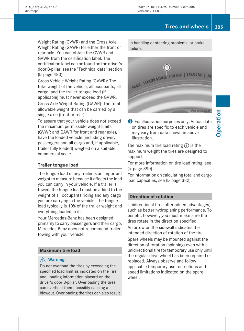 Maximum tire load, Direction of rotation, Capacity of your vehicle | Load, Operation, Tires and wheels | Mercedes-Benz 2010 CL Class User Manual | Page 387 / 500