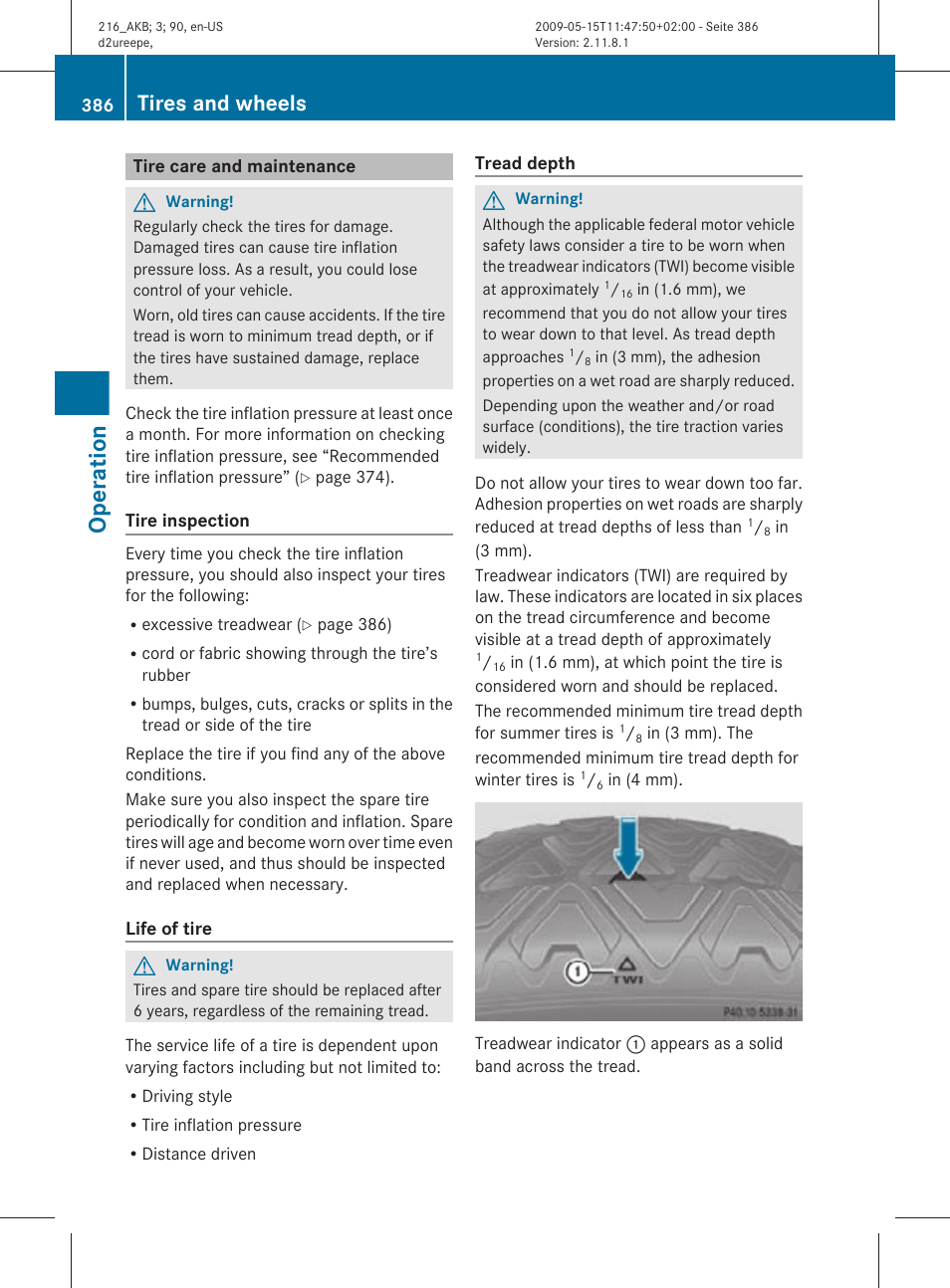 Tire care and maintenance, Operation, Tires and wheels | Mercedes-Benz 2010 CL Class User Manual | Page 388 / 500