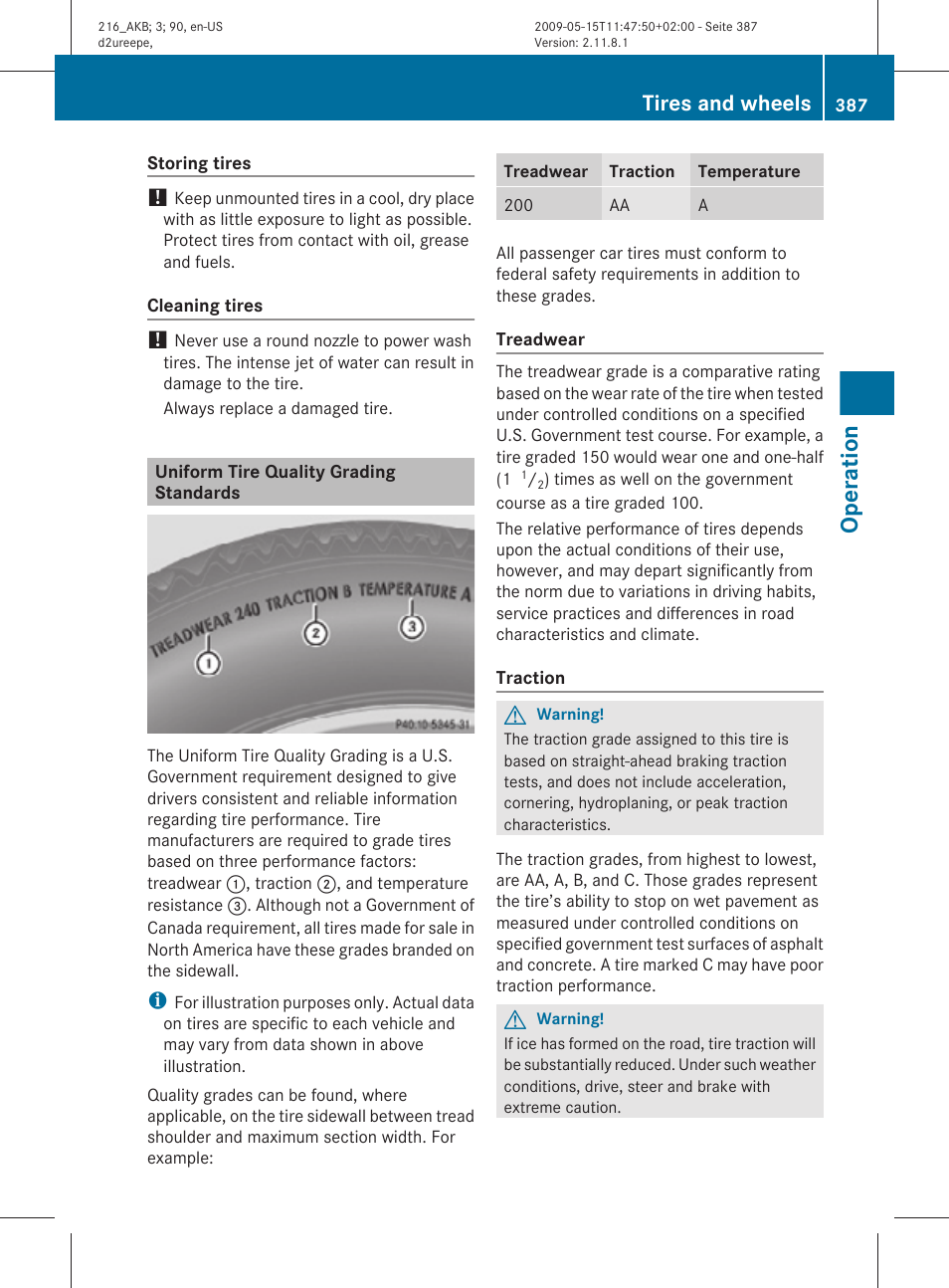 Uniform tire quality grading standards, Operation, Tires and wheels | Mercedes-Benz 2010 CL Class User Manual | Page 389 / 500