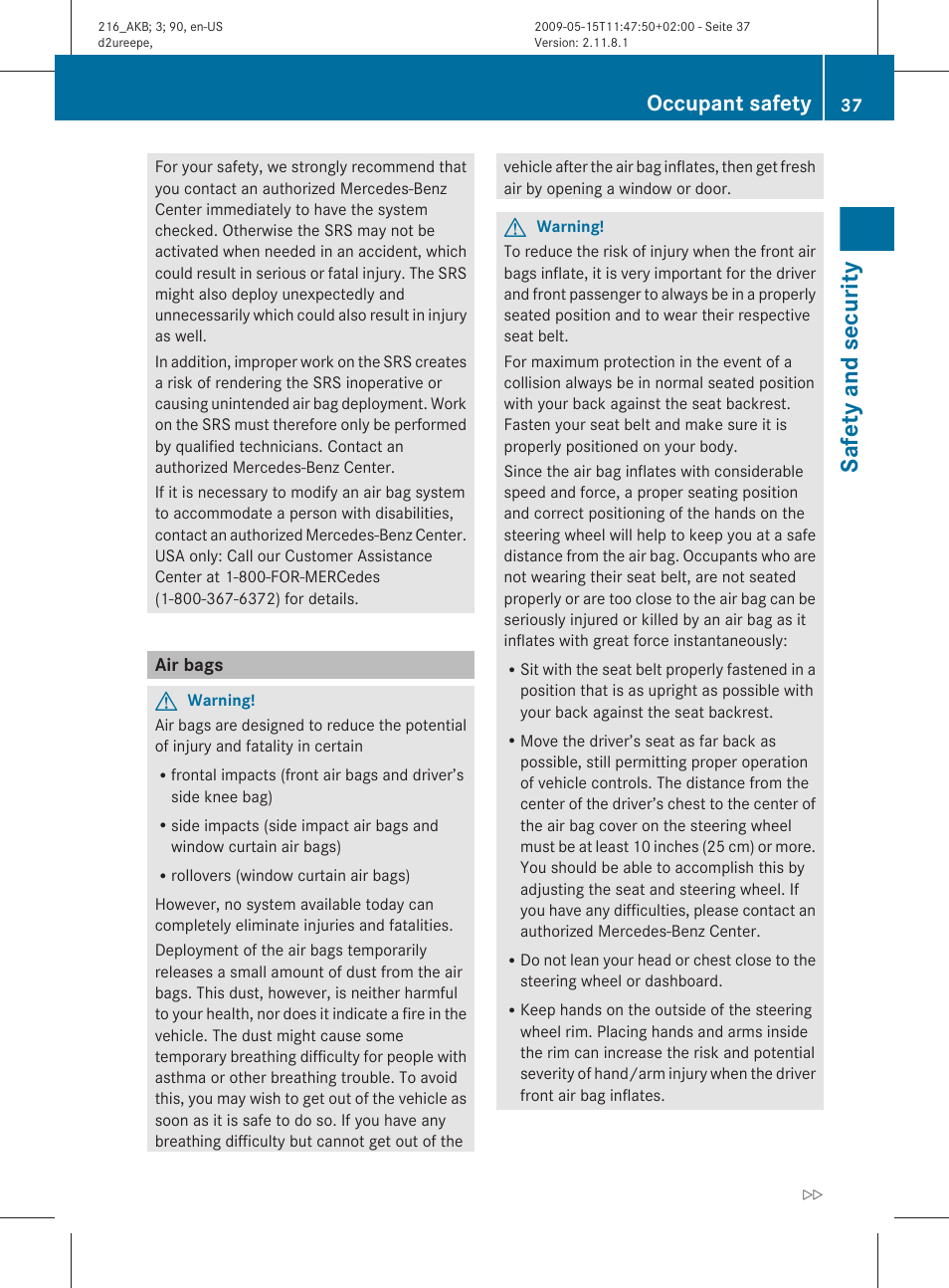 Air bags, Safety and security, Occupant safety | Mercedes-Benz 2010 CL Class User Manual | Page 39 / 500