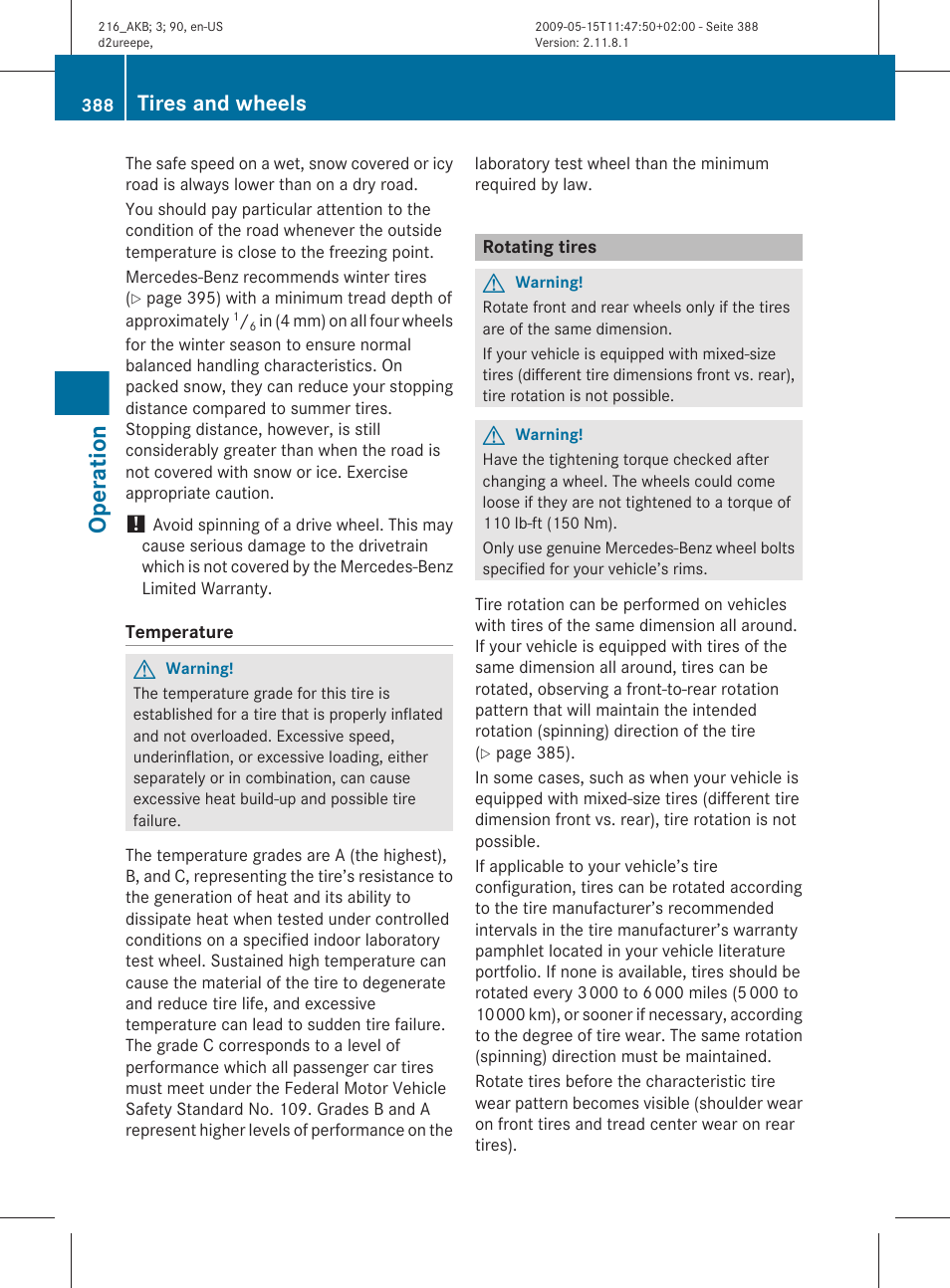 Rotating tires, Operation, Tires and wheels | Mercedes-Benz 2010 CL Class User Manual | Page 390 / 500