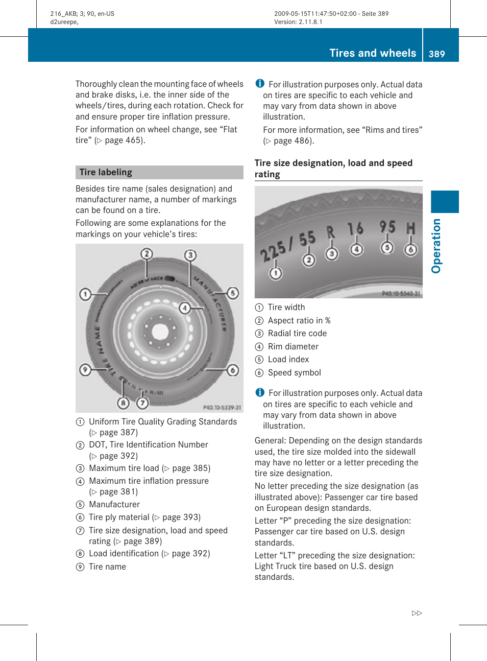 Tire labeling, Specified on the tire sidewall, Operation | Tires and wheels | Mercedes-Benz 2010 CL Class User Manual | Page 391 / 500