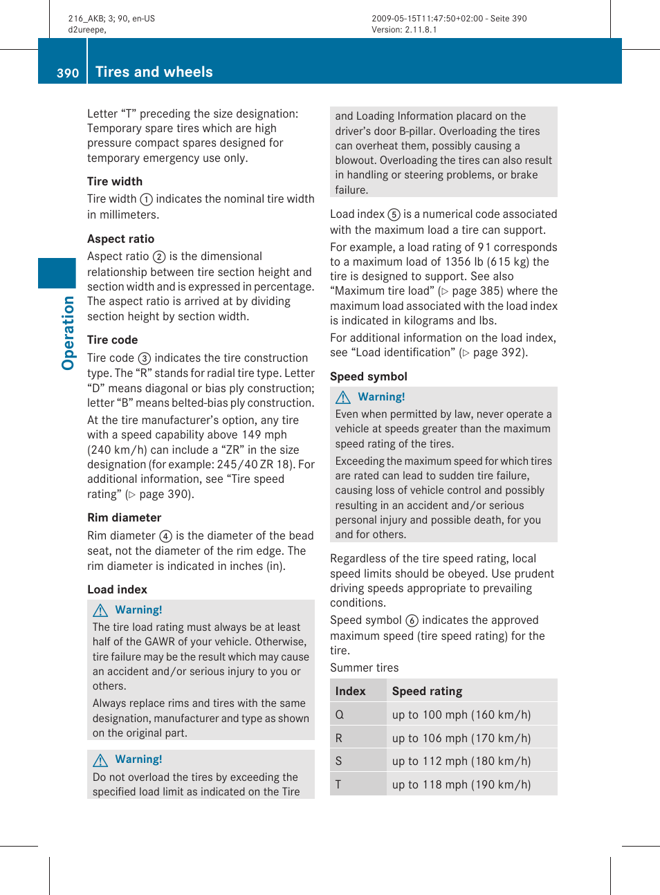 Operation, Tires and wheels | Mercedes-Benz 2010 CL Class User Manual | Page 392 / 500