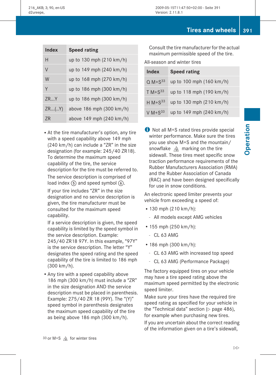 Operation, Tires and wheels | Mercedes-Benz 2010 CL Class User Manual | Page 393 / 500