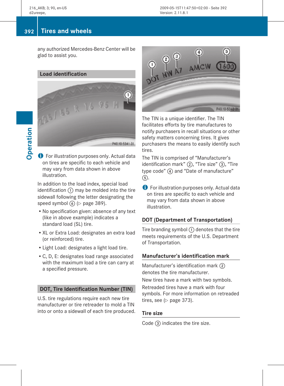 Load identification, Dot, tire identification number (tin), See “load identification | Operation, Tires and wheels | Mercedes-Benz 2010 CL Class User Manual | Page 394 / 500