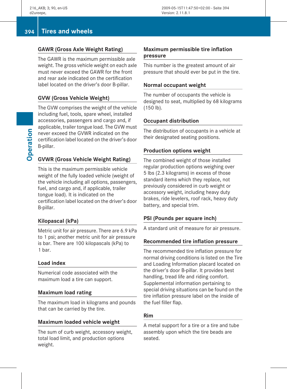 Operation, Tires and wheels | Mercedes-Benz 2010 CL Class User Manual | Page 396 / 500