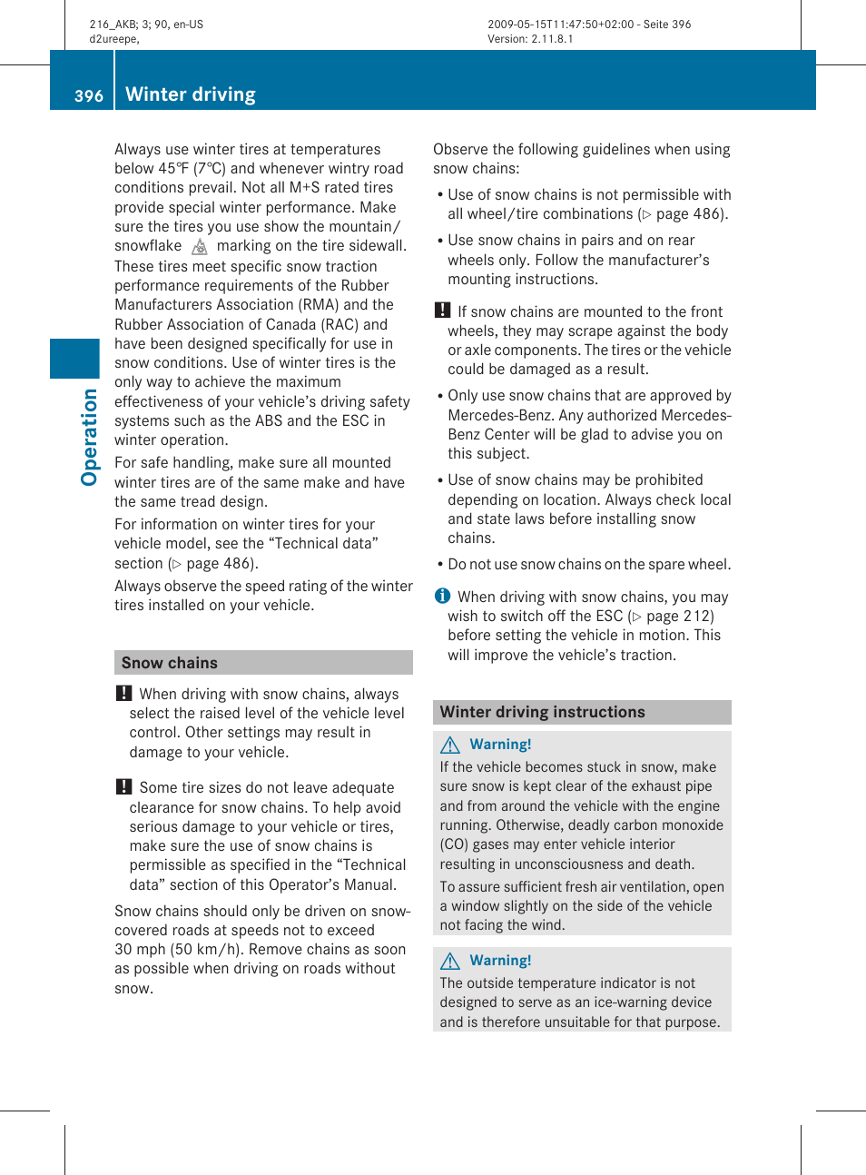 Snow chains, Winter driving instructions, Operation | Winter driving | Mercedes-Benz 2010 CL Class User Manual | Page 398 / 500