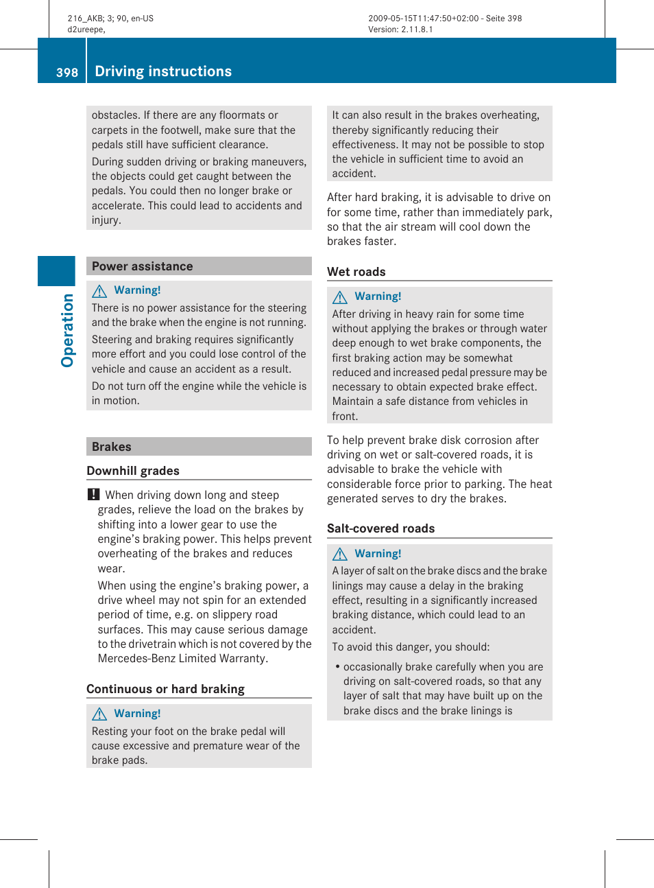 Power assistance, Brakes, Operation | Driving instructions | Mercedes-Benz 2010 CL Class User Manual | Page 400 / 500