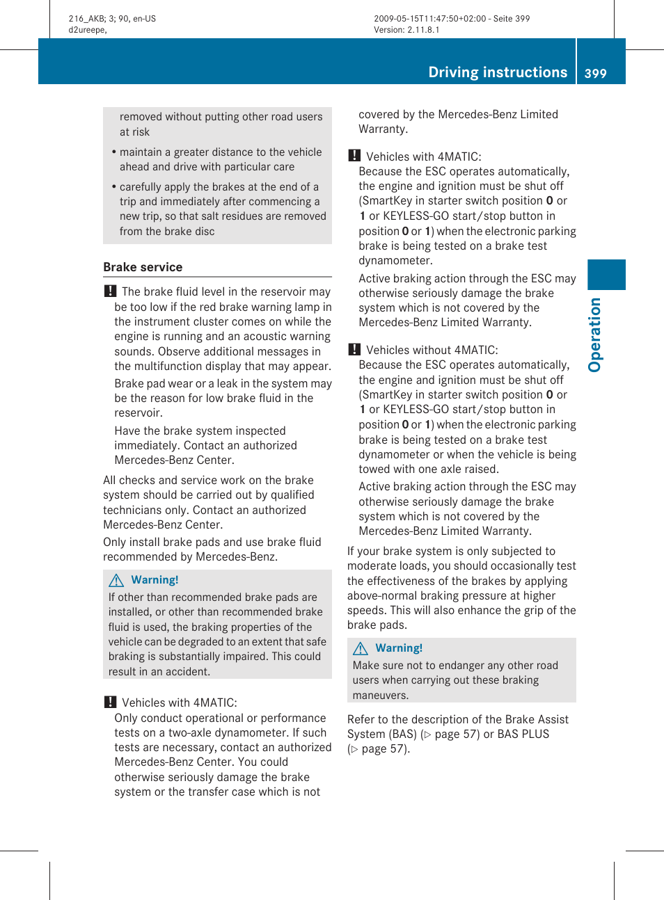 Operation, Driving instructions | Mercedes-Benz 2010 CL Class User Manual | Page 401 / 500