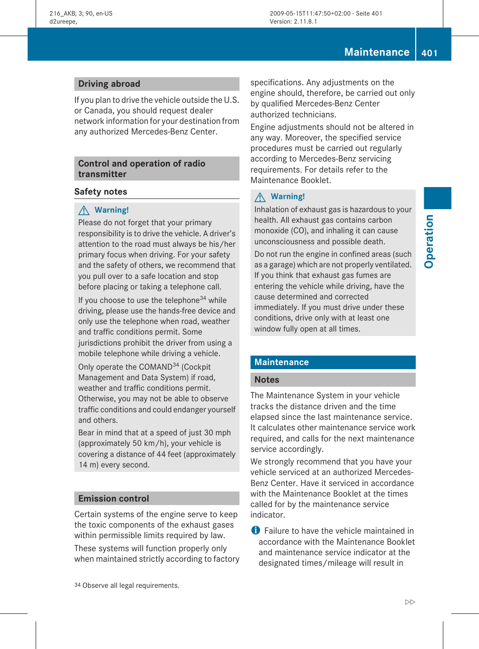 Driving abroad, Control and operation of radio transmitter, Emission control | Maintenance, Notes, Operation | Mercedes-Benz 2010 CL Class User Manual | Page 403 / 500