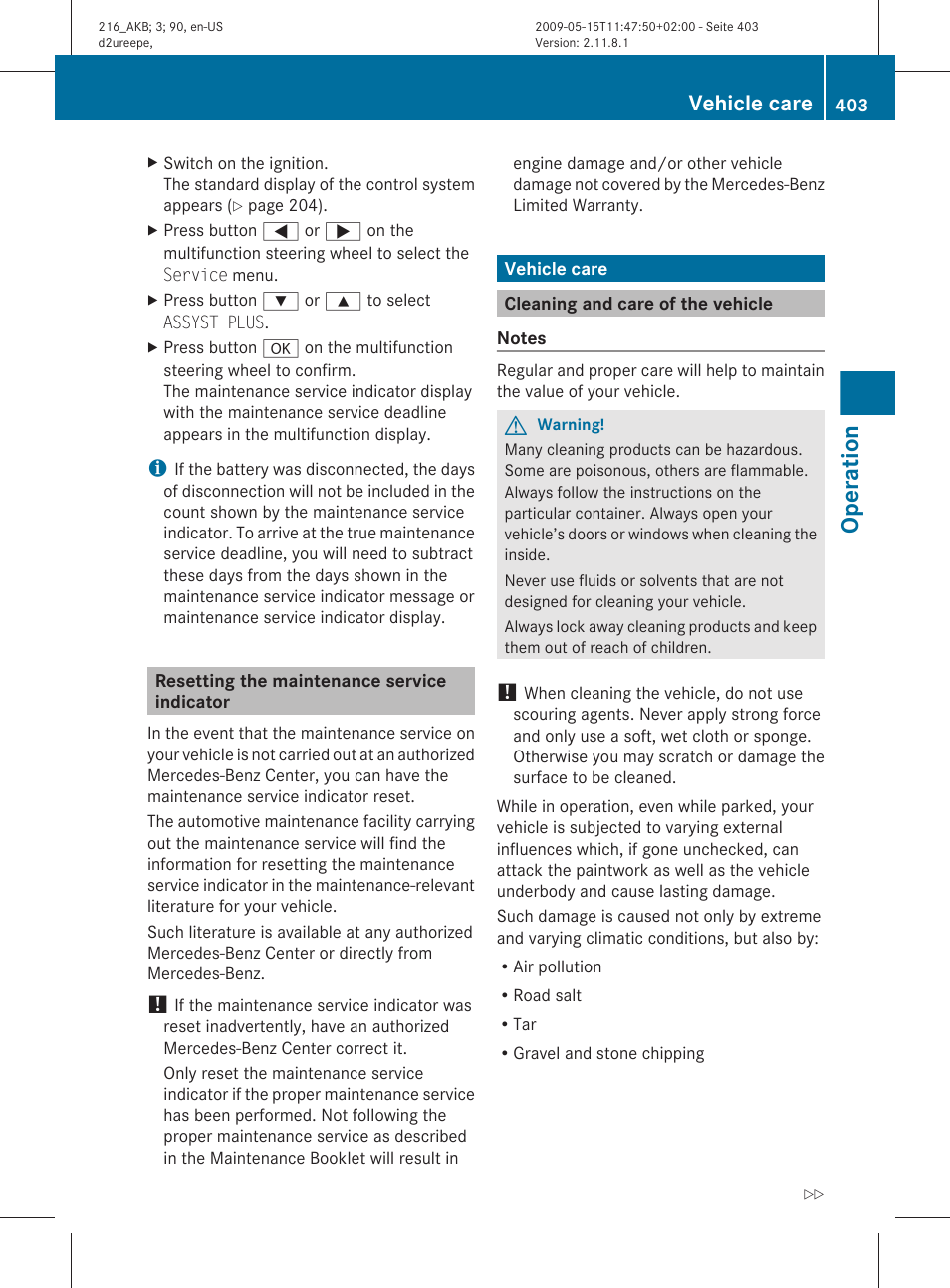 Resetting the maintenance service indicator, Vehicle care, Cleaning and care of the vehicle | Operation | Mercedes-Benz 2010 CL Class User Manual | Page 405 / 500