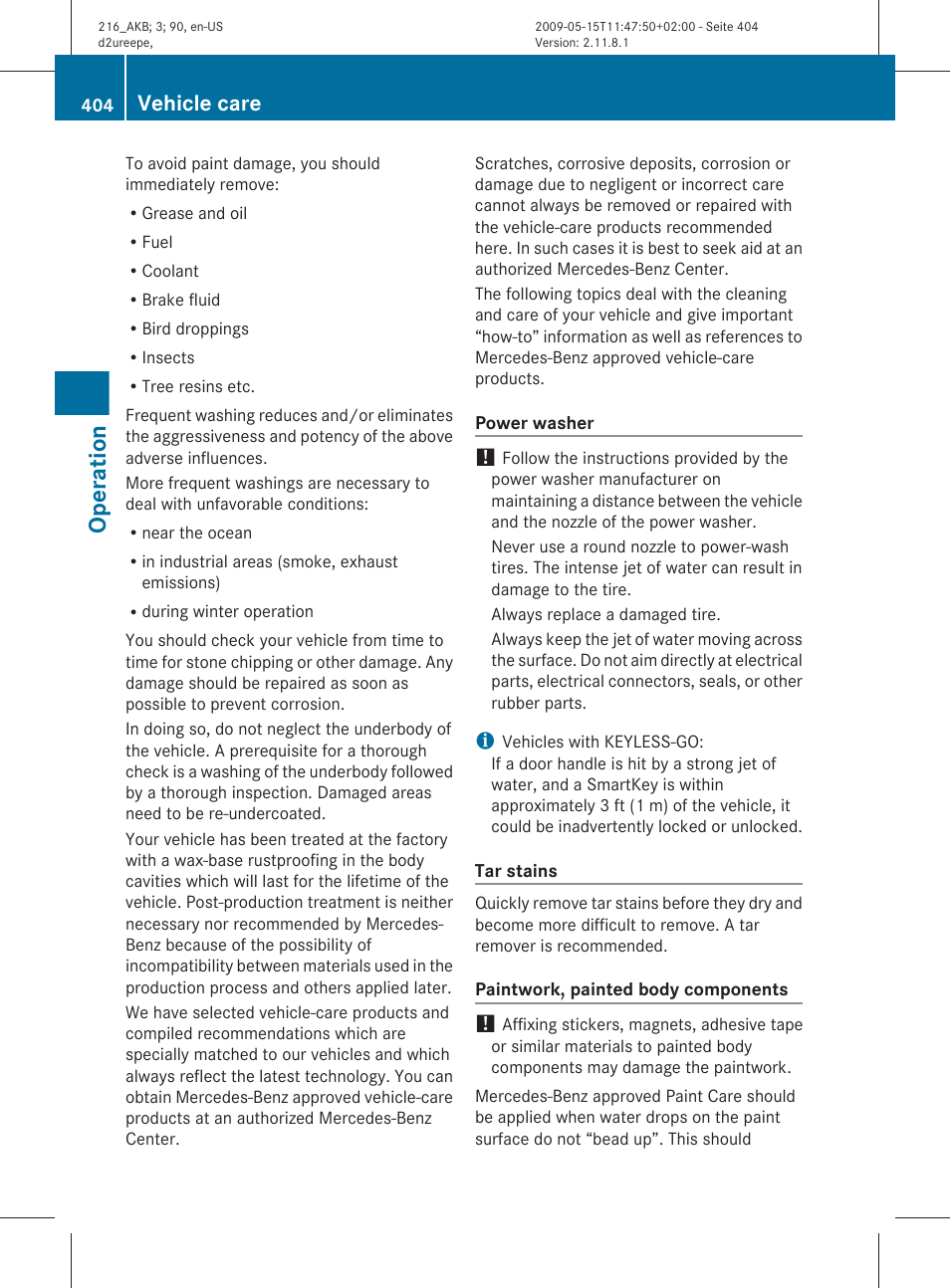 Operation, Vehicle care | Mercedes-Benz 2010 CL Class User Manual | Page 406 / 500