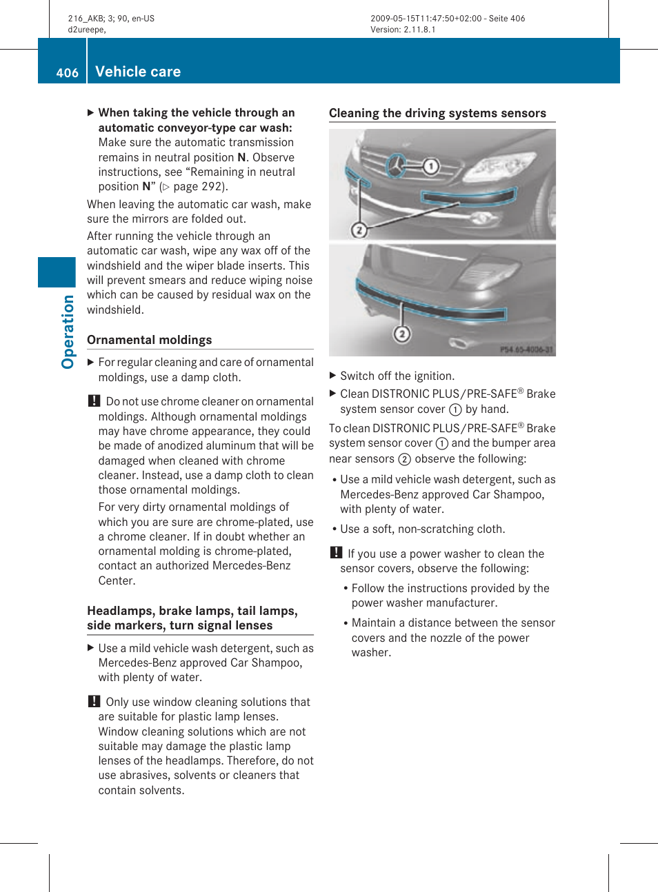 Operation, Vehicle care | Mercedes-Benz 2010 CL Class User Manual | Page 408 / 500