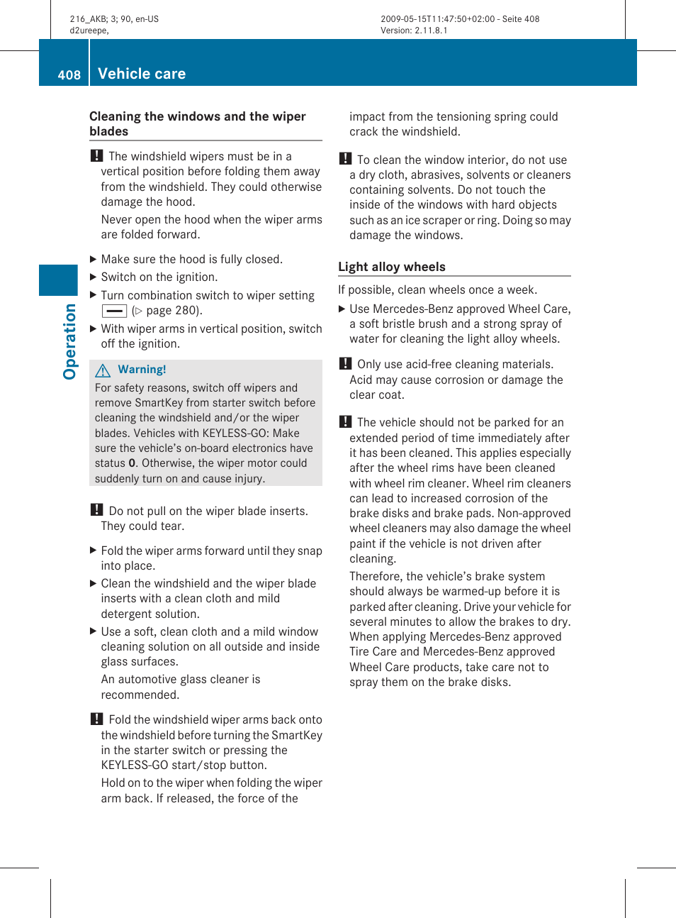 Operation, Vehicle care | Mercedes-Benz 2010 CL Class User Manual | Page 410 / 500