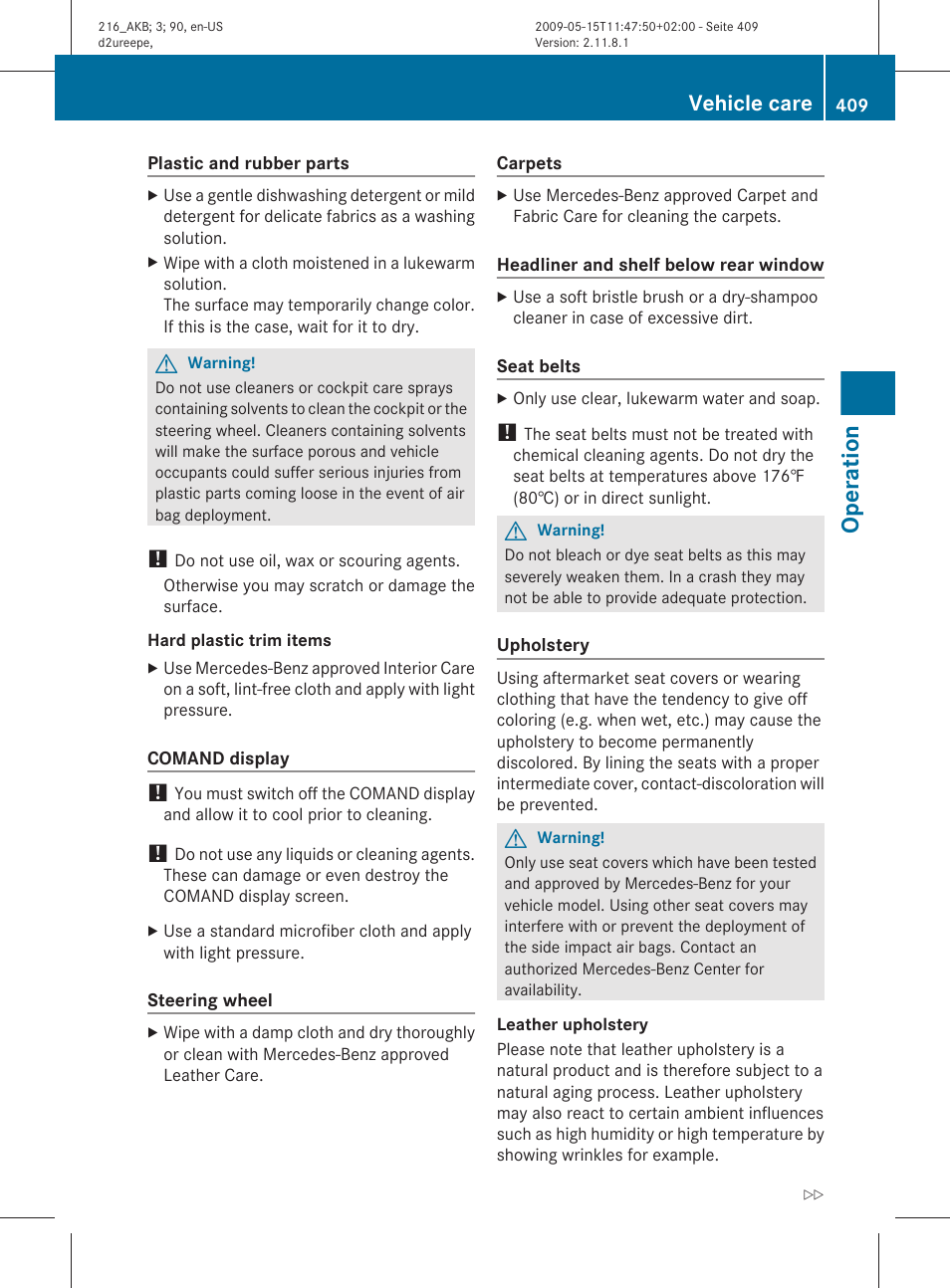 Operation, Vehicle care | Mercedes-Benz 2010 CL Class User Manual | Page 411 / 500