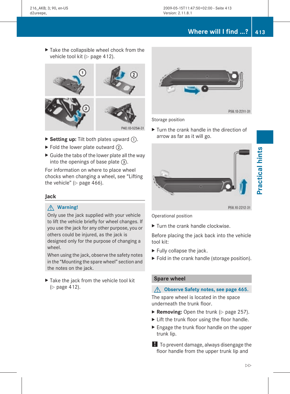 Spare wheel, Practical hints, Where will i find | Mercedes-Benz 2010 CL Class User Manual | Page 415 / 500