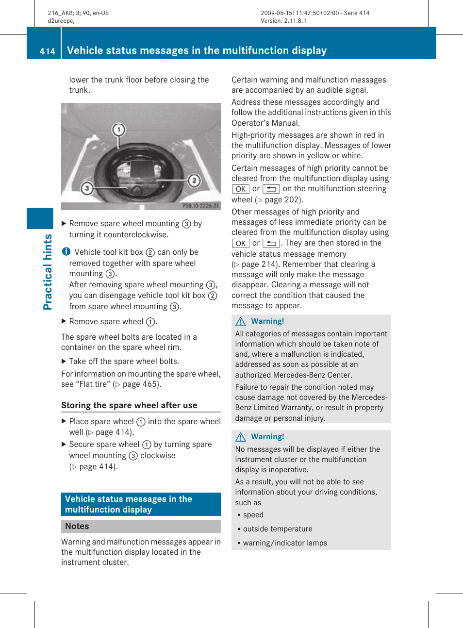 Notes, Multifunction display, Practical hints | Mercedes-Benz 2010 CL Class User Manual | Page 416 / 500