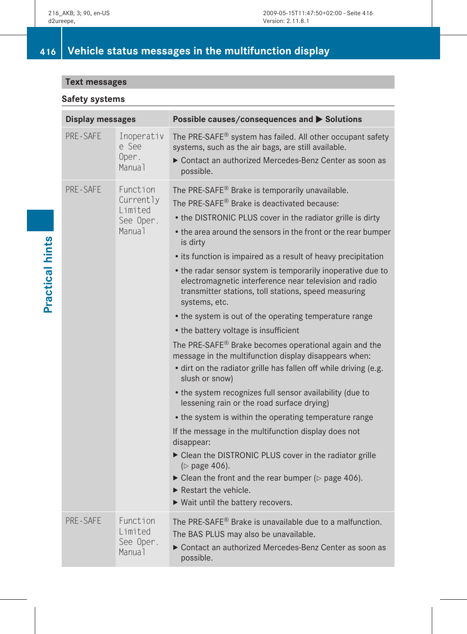 Text messages, Divided into text messages, Practical hints | Mercedes-Benz 2010 CL Class User Manual | Page 418 / 500