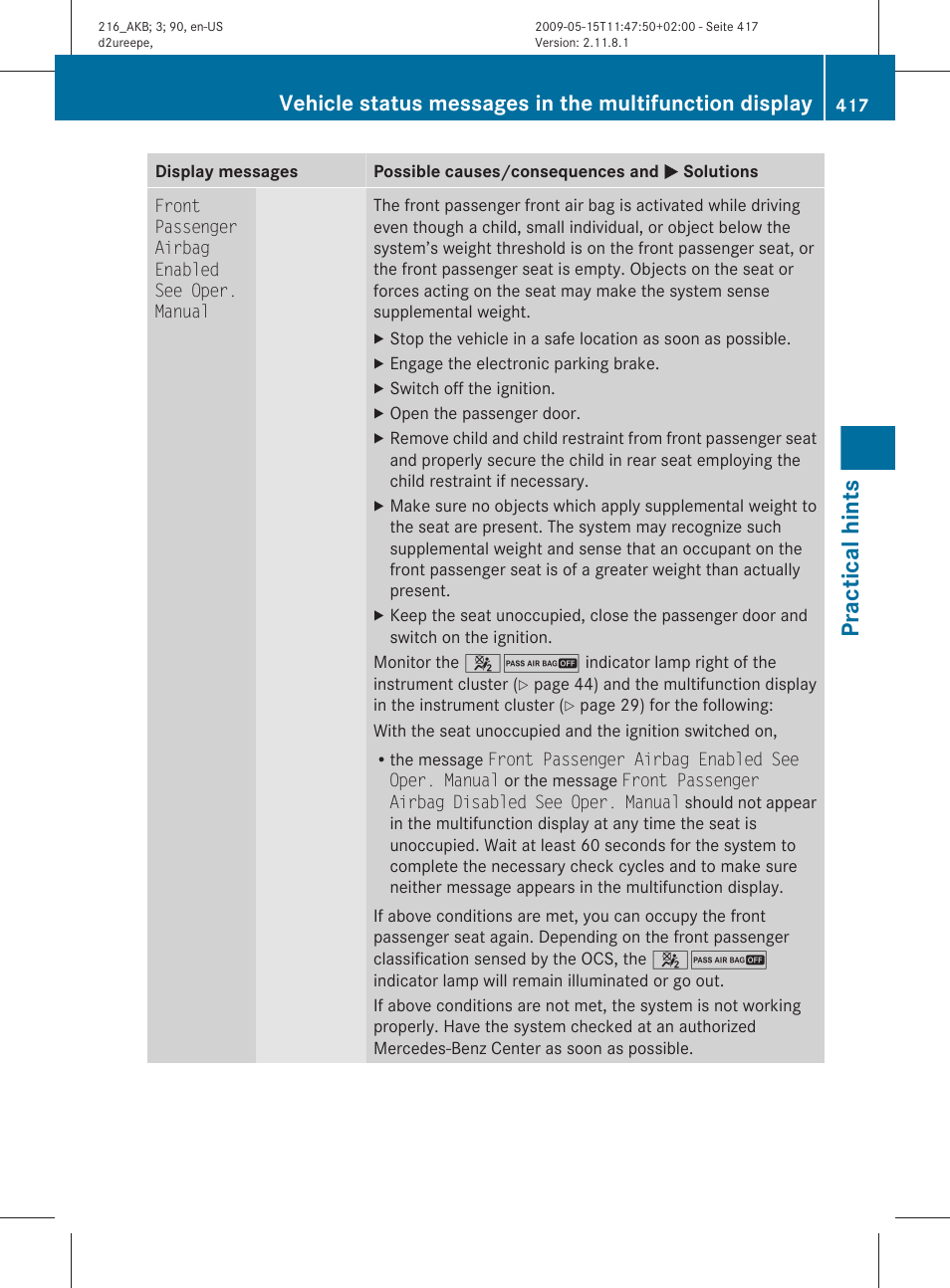 Practical hints | Mercedes-Benz 2010 CL Class User Manual | Page 419 / 500