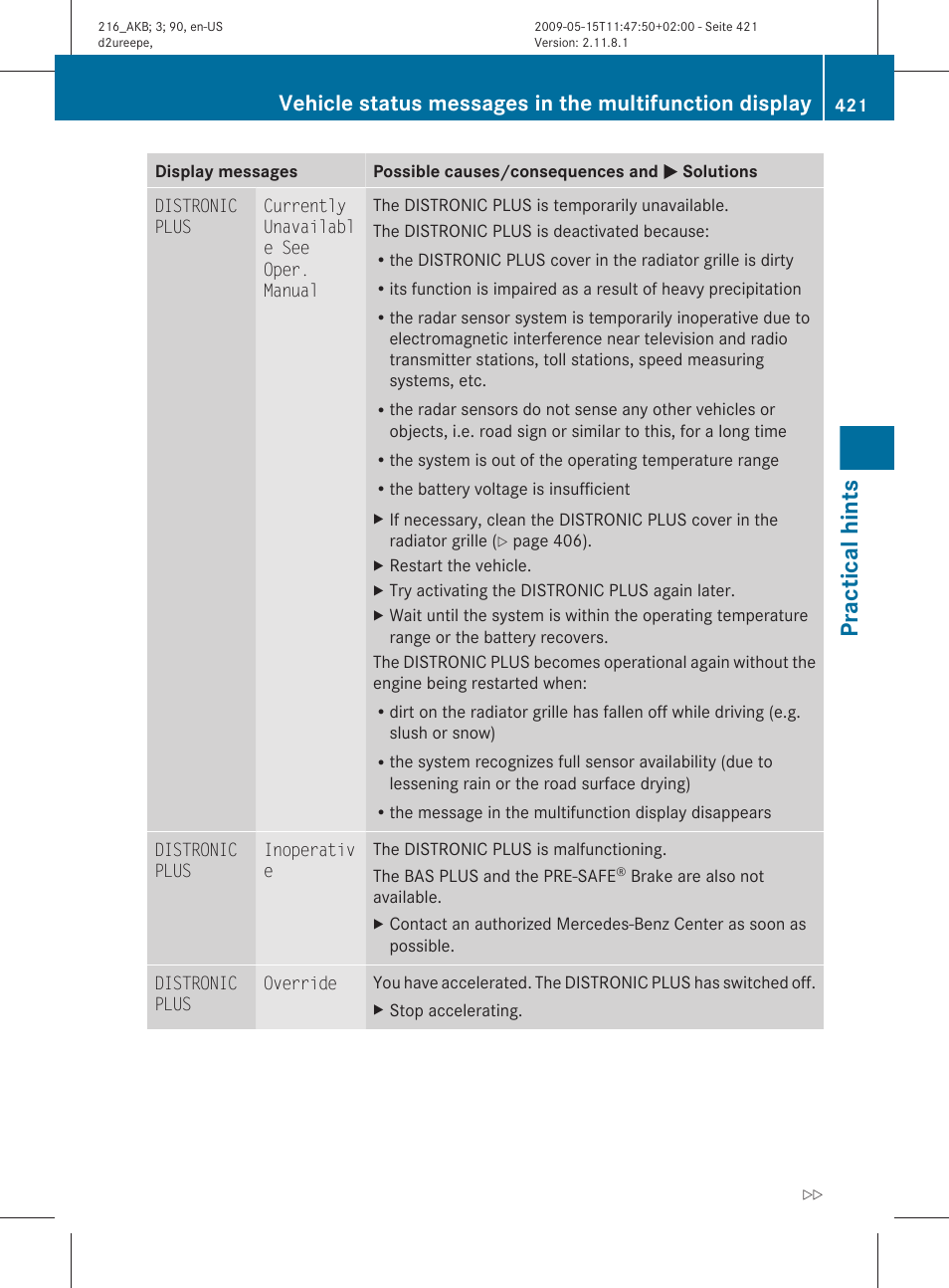 Practical hints | Mercedes-Benz 2010 CL Class User Manual | Page 423 / 500