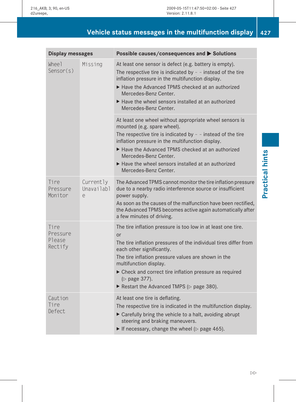 Practical hints | Mercedes-Benz 2010 CL Class User Manual | Page 429 / 500